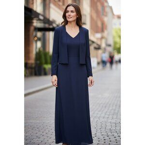 Vintage Karen Miller 2 Pc Maxi Dress Jacket Formal Womens  14 Navy Knee Length